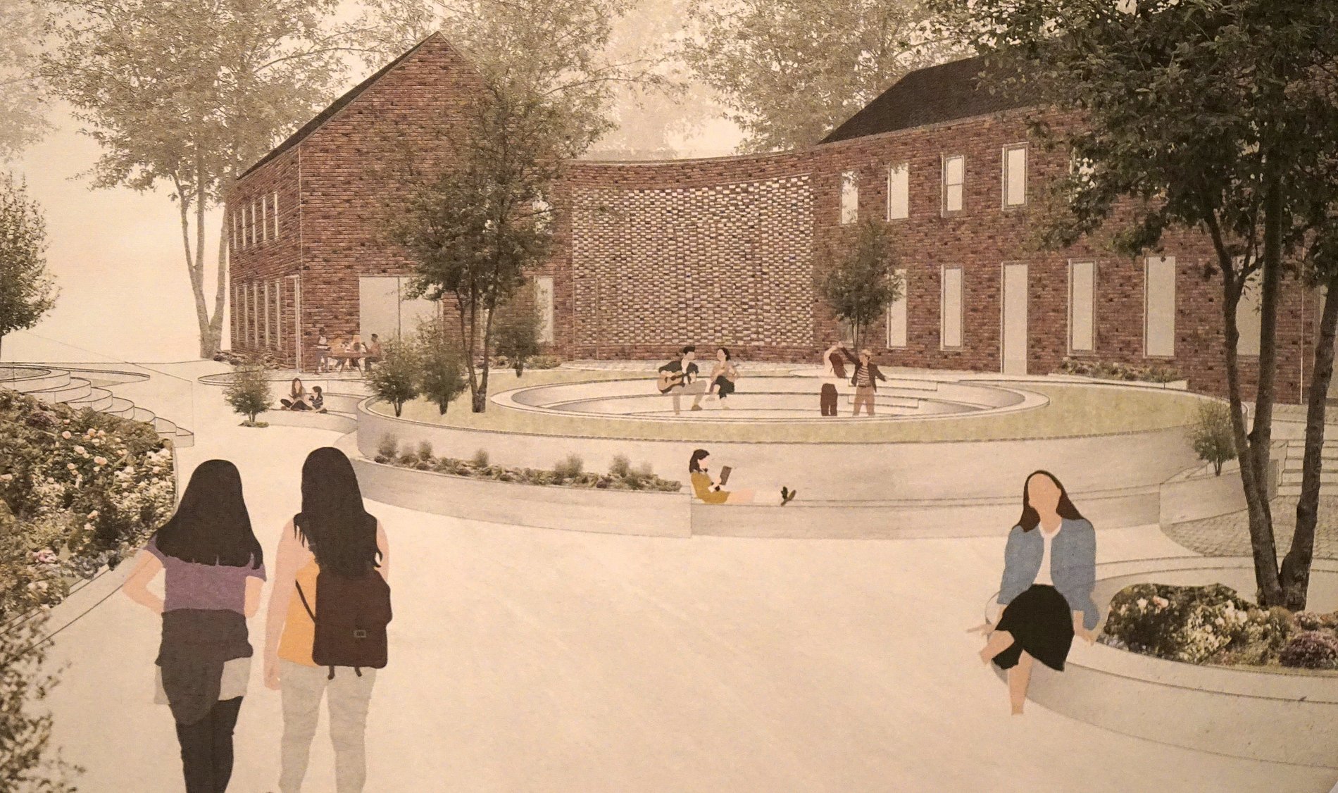 Auf der Planungsskizze ist im Hintergrund der mehrgeschossige Neubau zu sehen und im Vordergrund der Platz mit Sitzflächen und Bepflanzung 