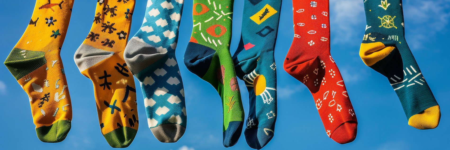 Bunte Socken hängen an einer Leine vor blauem Himmel